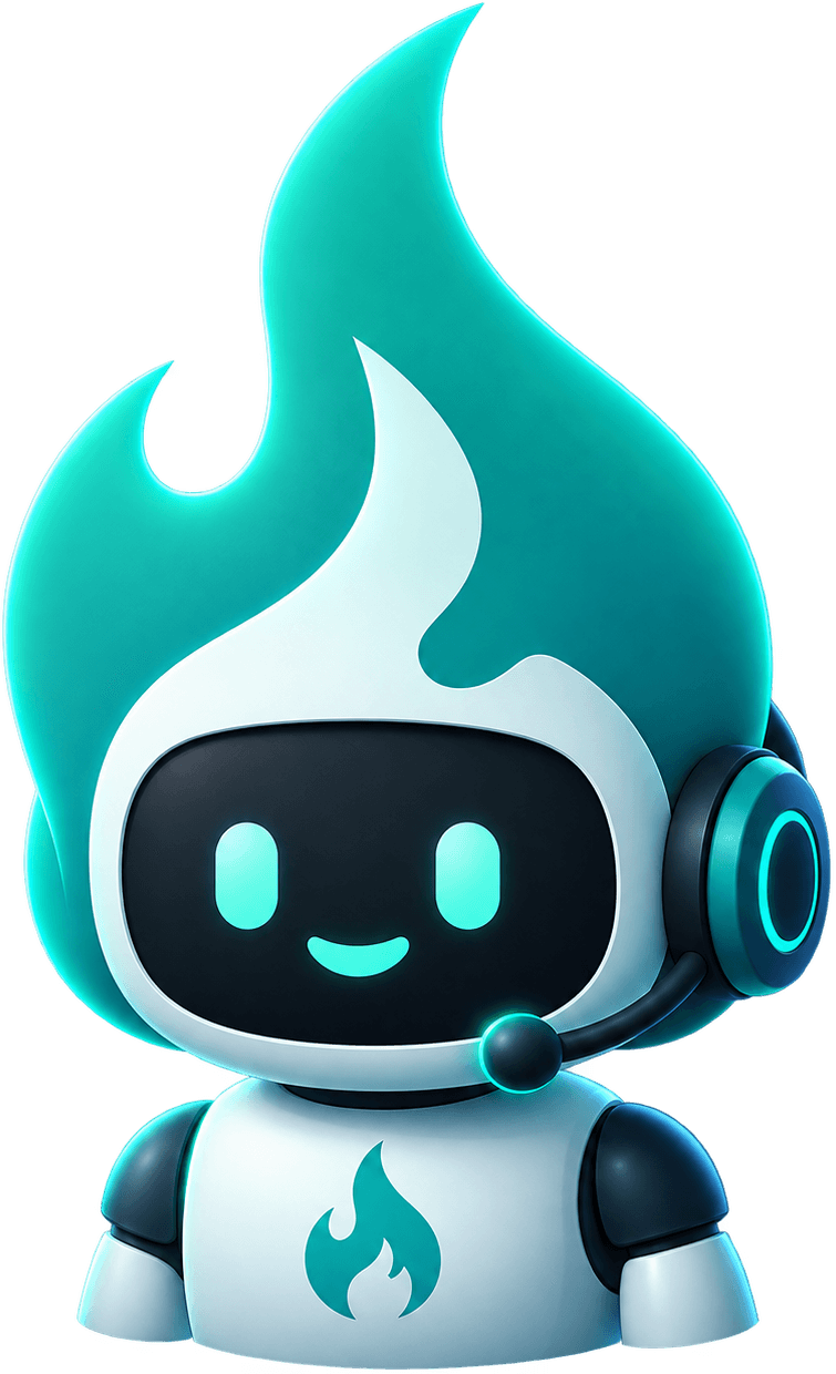 Ember, the Forge agent: a teal flame with a friendly robot face and a headset